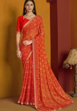 Digital Printed Chiffon Saree in Red
