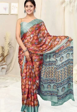 Digital Printed Chiffon Saree in Rust