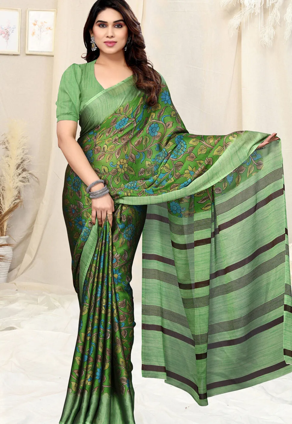 Digital Printed Chiffon Saree in Green