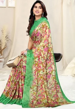 Digital Printed Chiffon Saree in Yellow