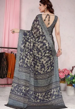 Digital Printed Chiffon Saree in Navy Blue