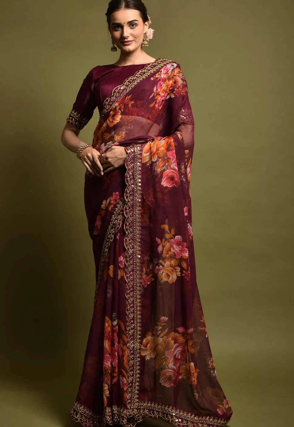 Digital Printed Chiffon Saree in Wine