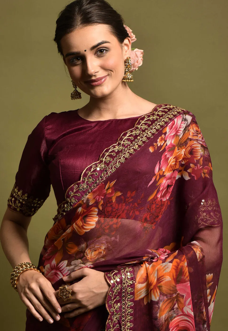 Digital Printed Chiffon Saree in Wine