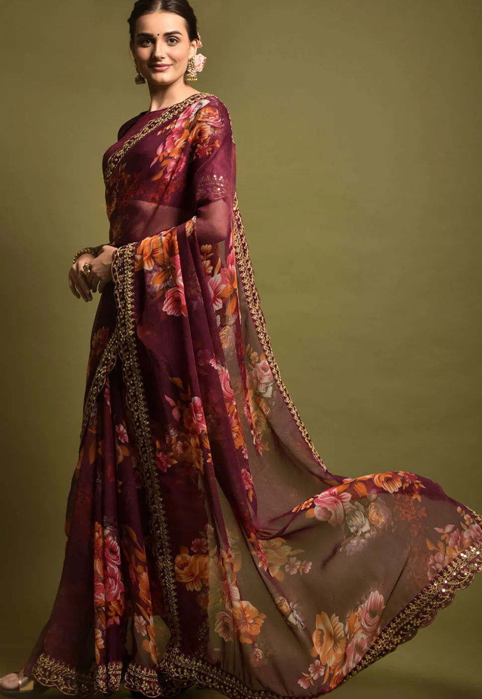 Digital Printed Chiffon Saree in Wine
