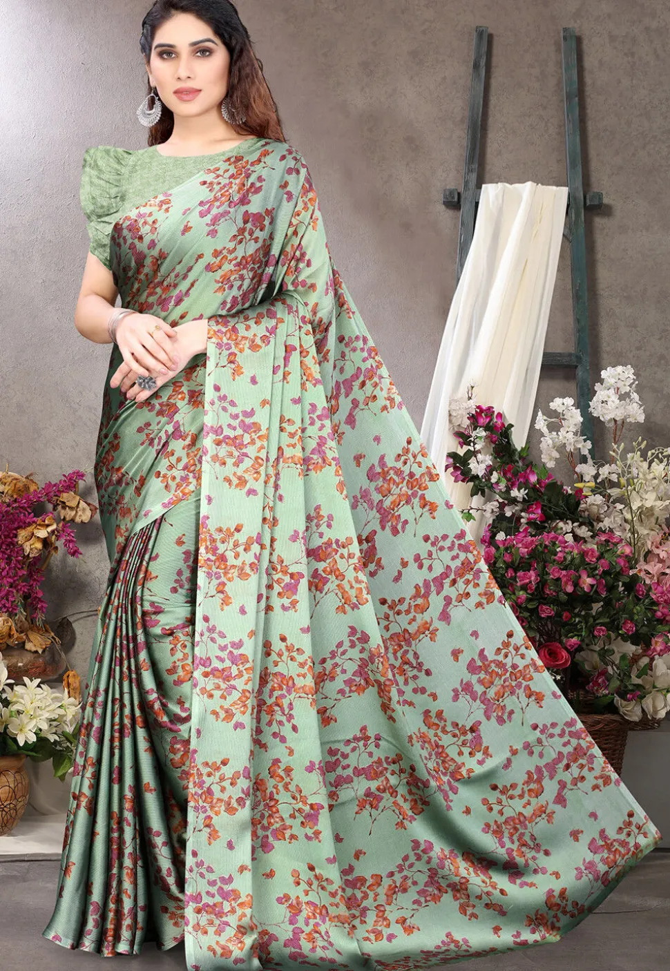 Digital Printed Chiffon Saree in Sea Green