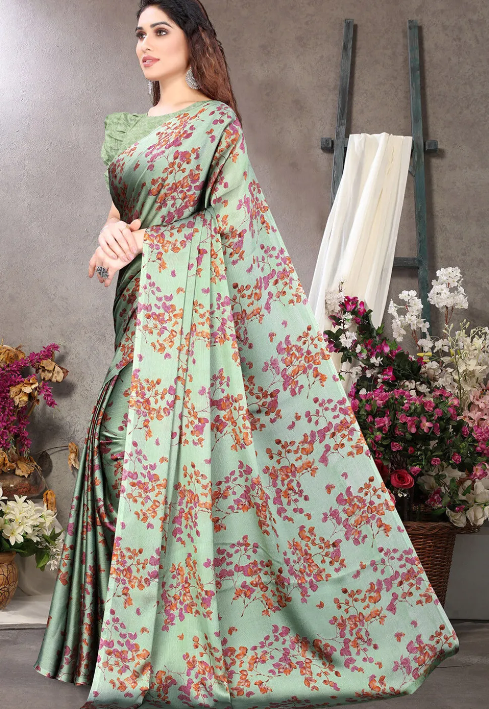 Digital Printed Chiffon Saree in Sea Green