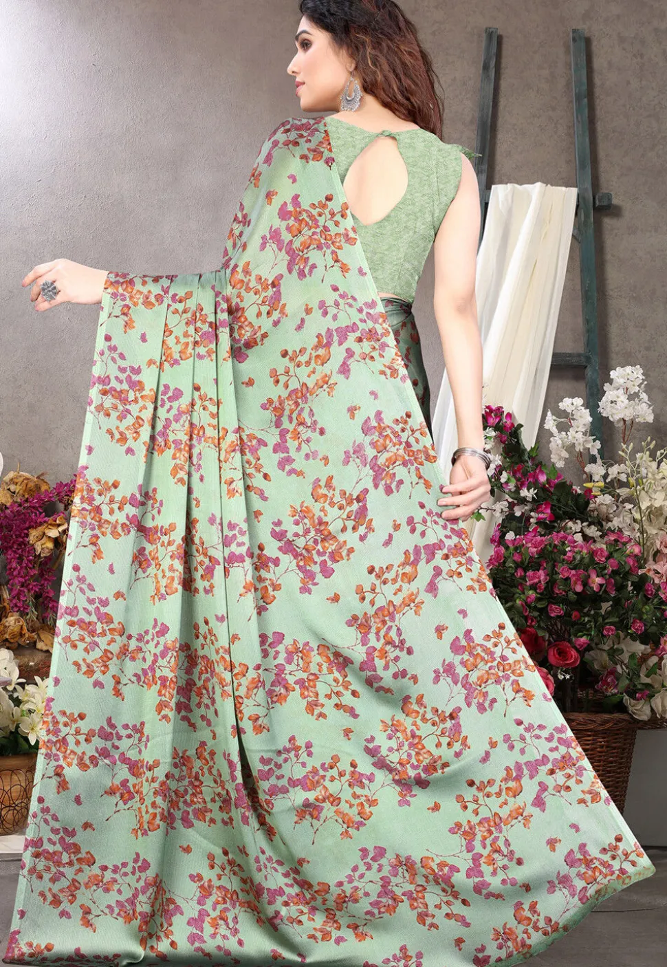 Digital Printed Chiffon Saree in Sea Green