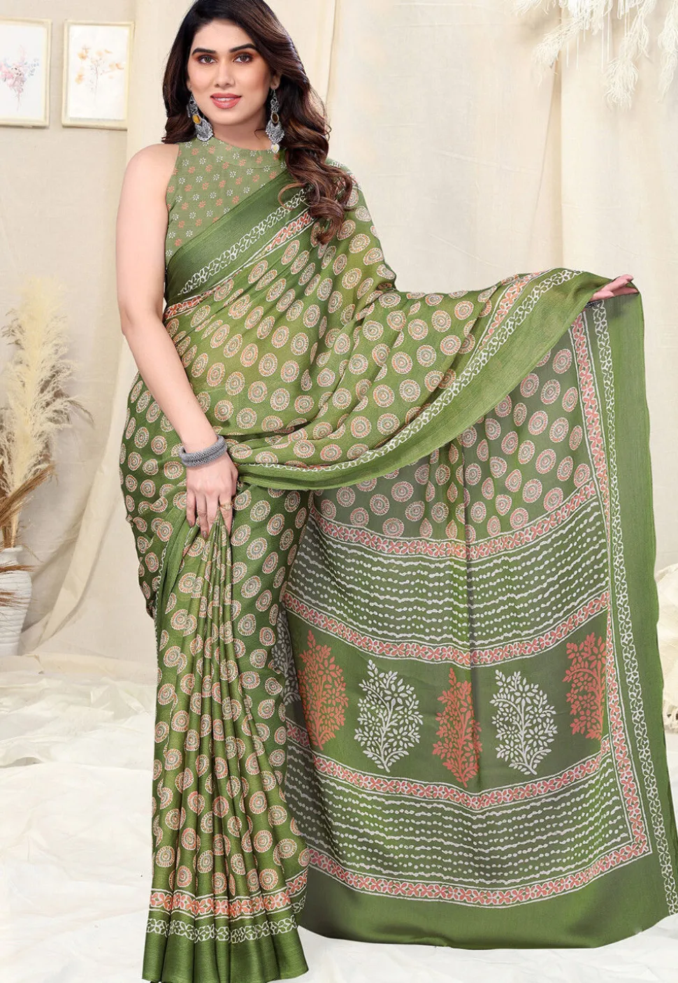 Digital Printed Chiffon Saree in Olive Green