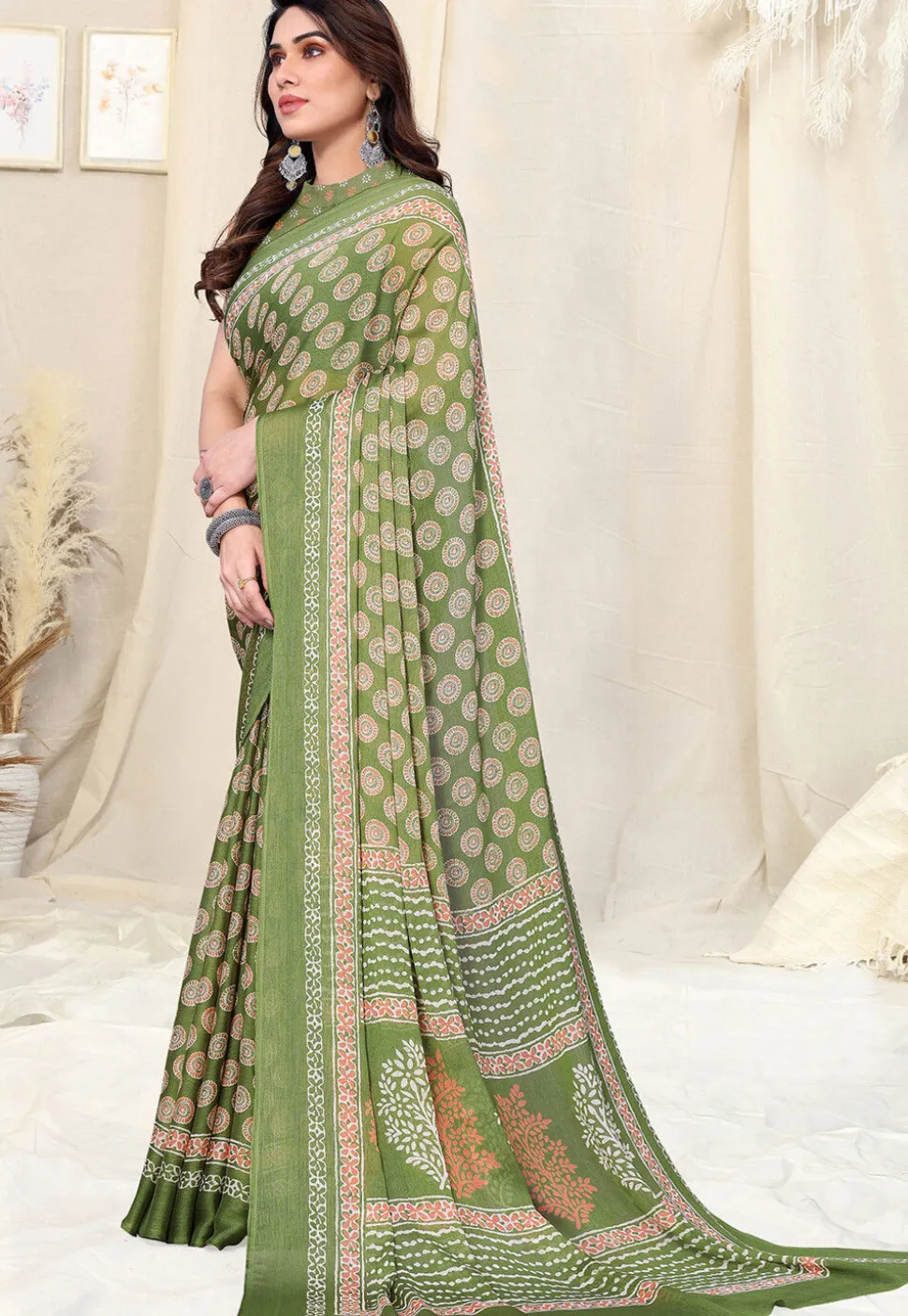 Digital Printed Chiffon Saree in Olive Green