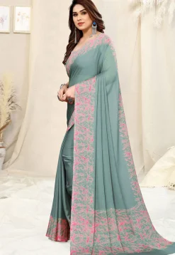 Digital Printed Chiffon Saree in Pastel Blue
