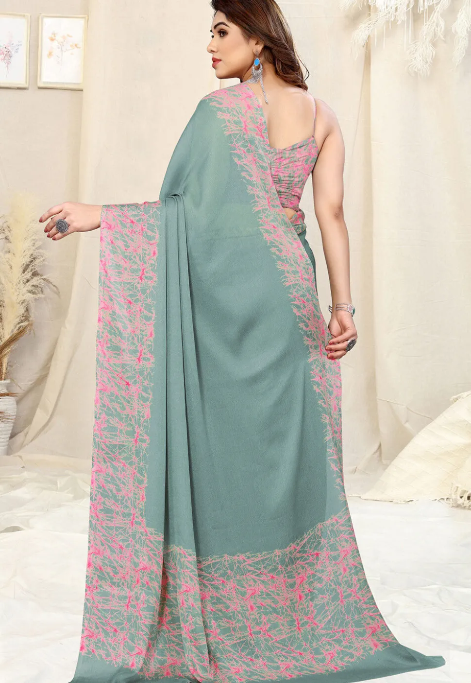 Digital Printed Chiffon Saree in Pastel Blue