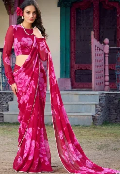 Digital Printed Chiffon Saree in Fuchsia