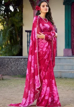 Digital Printed Chiffon Saree in Fuchsia