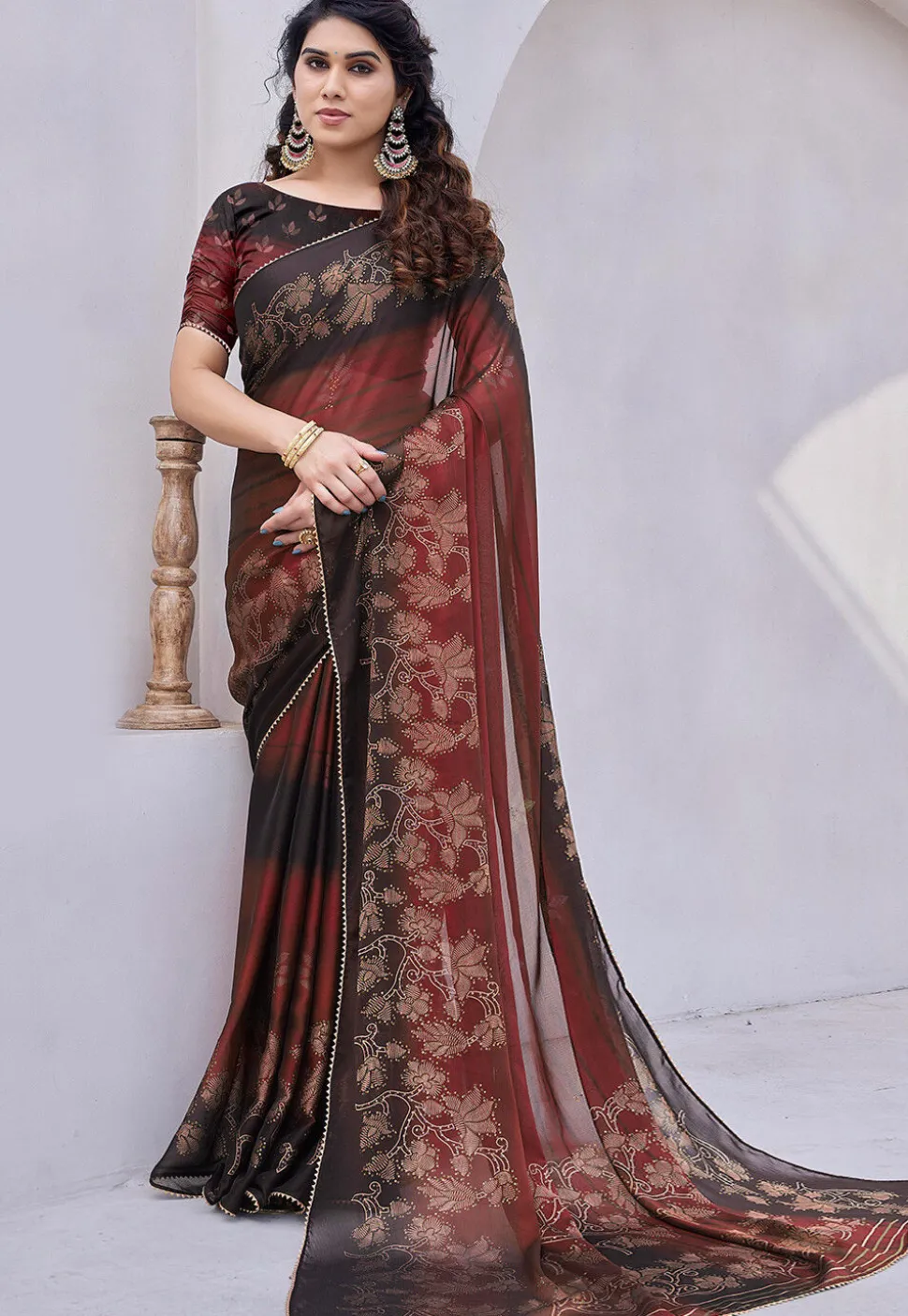Digital Printed Chiffon Saree in Maroon and Black