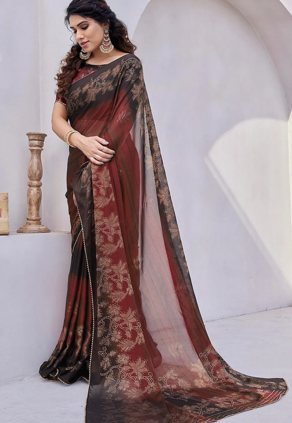 Digital Printed Chiffon Saree in Maroon and Black