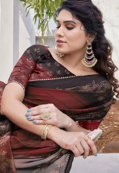 Digital Printed Chiffon Saree in Maroon and Black