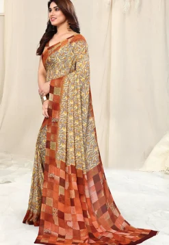 Digital Printed Chiffon Saree in Light Yellow