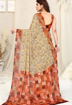Digital Printed Chiffon Saree in Light Yellow