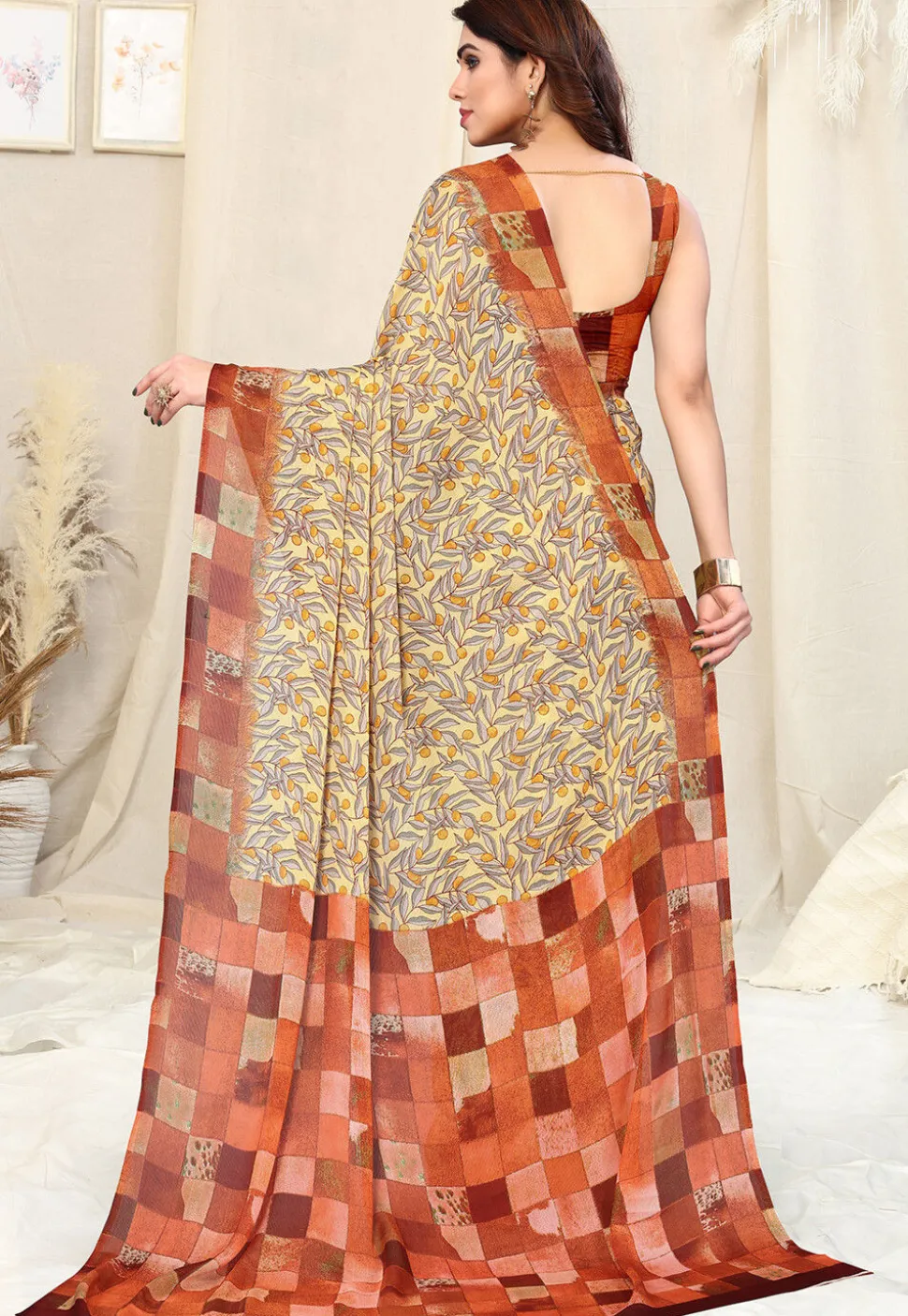 Digital Printed Chiffon Saree in Light Yellow