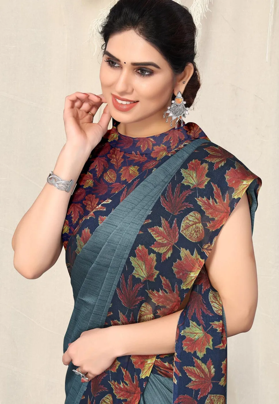 Digital Printed Chiffon Saree in Grey