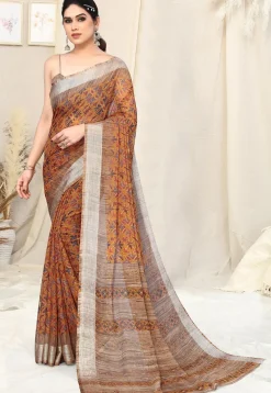 Digital Printed Chiffon Saree in Mustard
