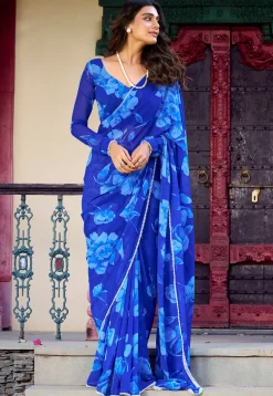 Digital Printed Chiffon Saree in Blue
