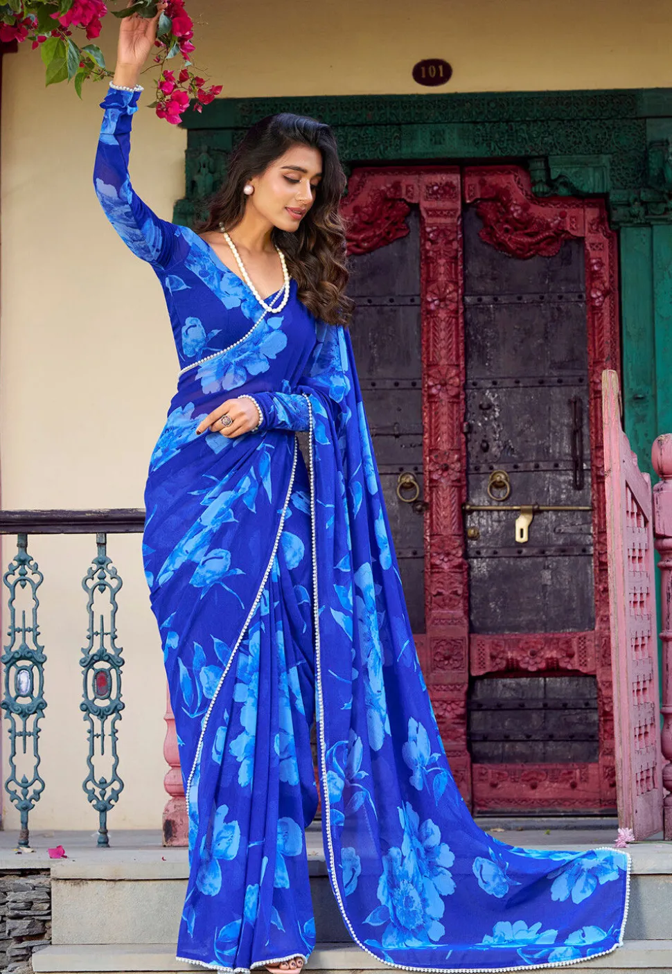 Digital Printed Chiffon Saree in Blue