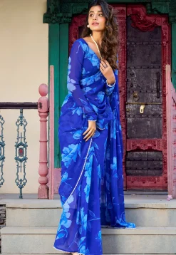 Digital Printed Chiffon Saree in Blue