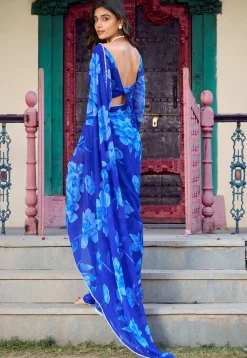 Digital Printed Chiffon Saree in Blue