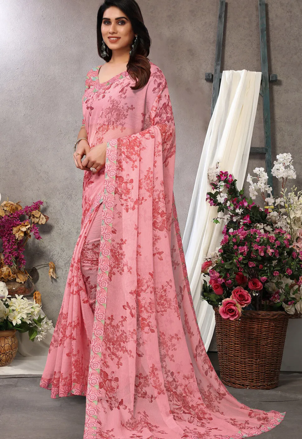 Digital Printed Chiffon Saree in Peach