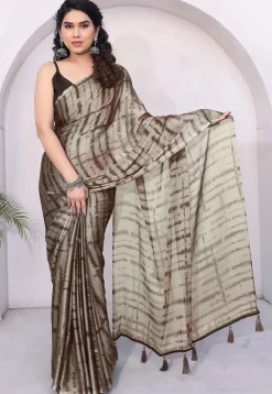 Digital Printed Chiffon Saree in Brown