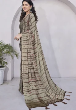 Digital Printed Chiffon Saree in Brown