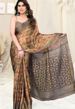 Digital Printed Chiffon Saree in Beige