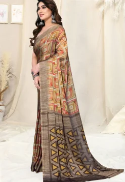 Digital Printed Chiffon Saree in Beige