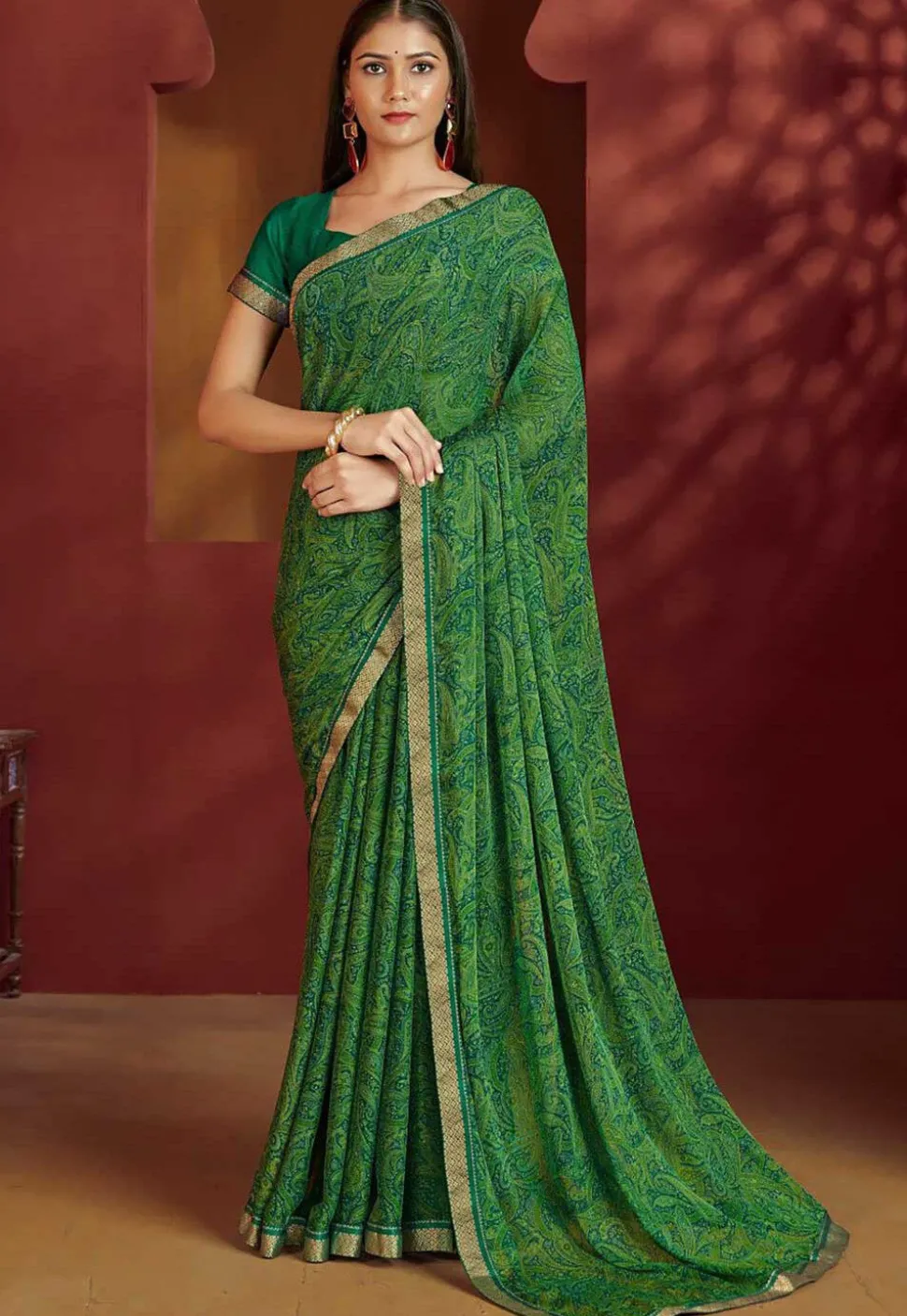 Digital Printed Chiffon Saree in Green