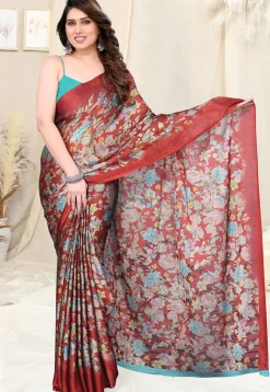 Digital Printed Chiffon Saree in Maroon