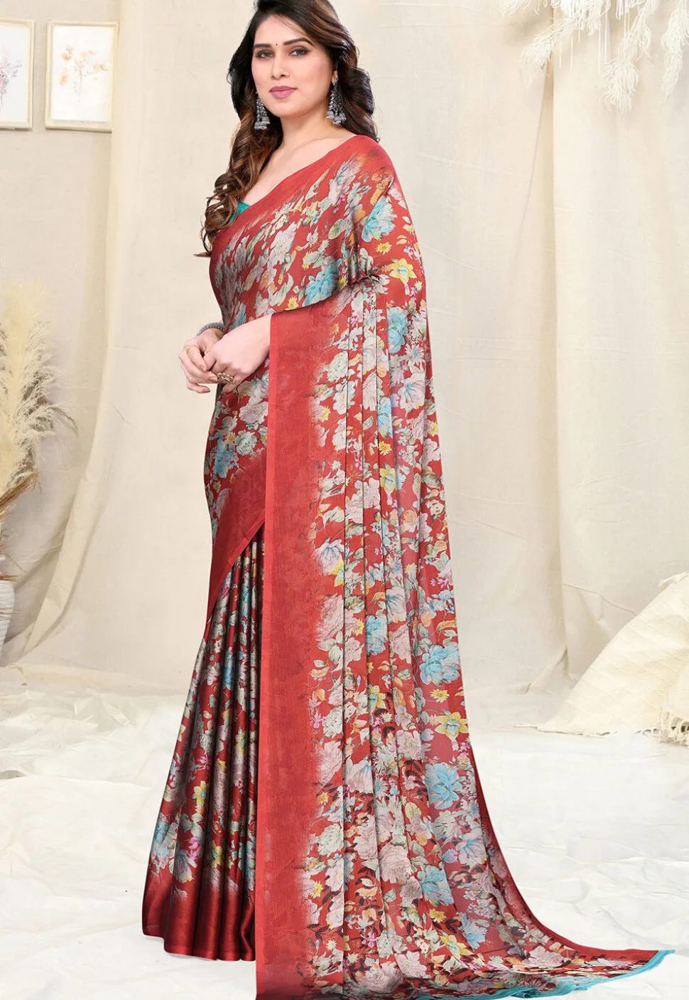Digital Printed Chiffon Saree in Maroon