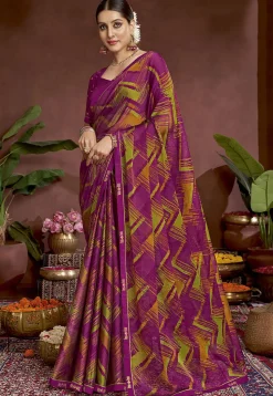 Digital Printed Chiffon Saree in Purple
