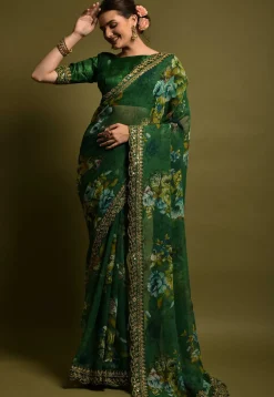 Digital Printed Chiffon Saree in Dark Green