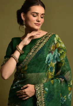 Digital Printed Chiffon Saree in Dark Green