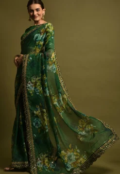 Digital Printed Chiffon Saree in Dark Green