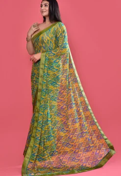 Digital Printed Chiffon Saree in Green