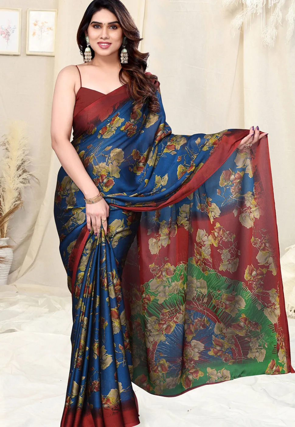 Digital Printed Chiffon Saree in Navy Blue