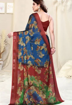 Digital Printed Chiffon Saree in Navy Blue