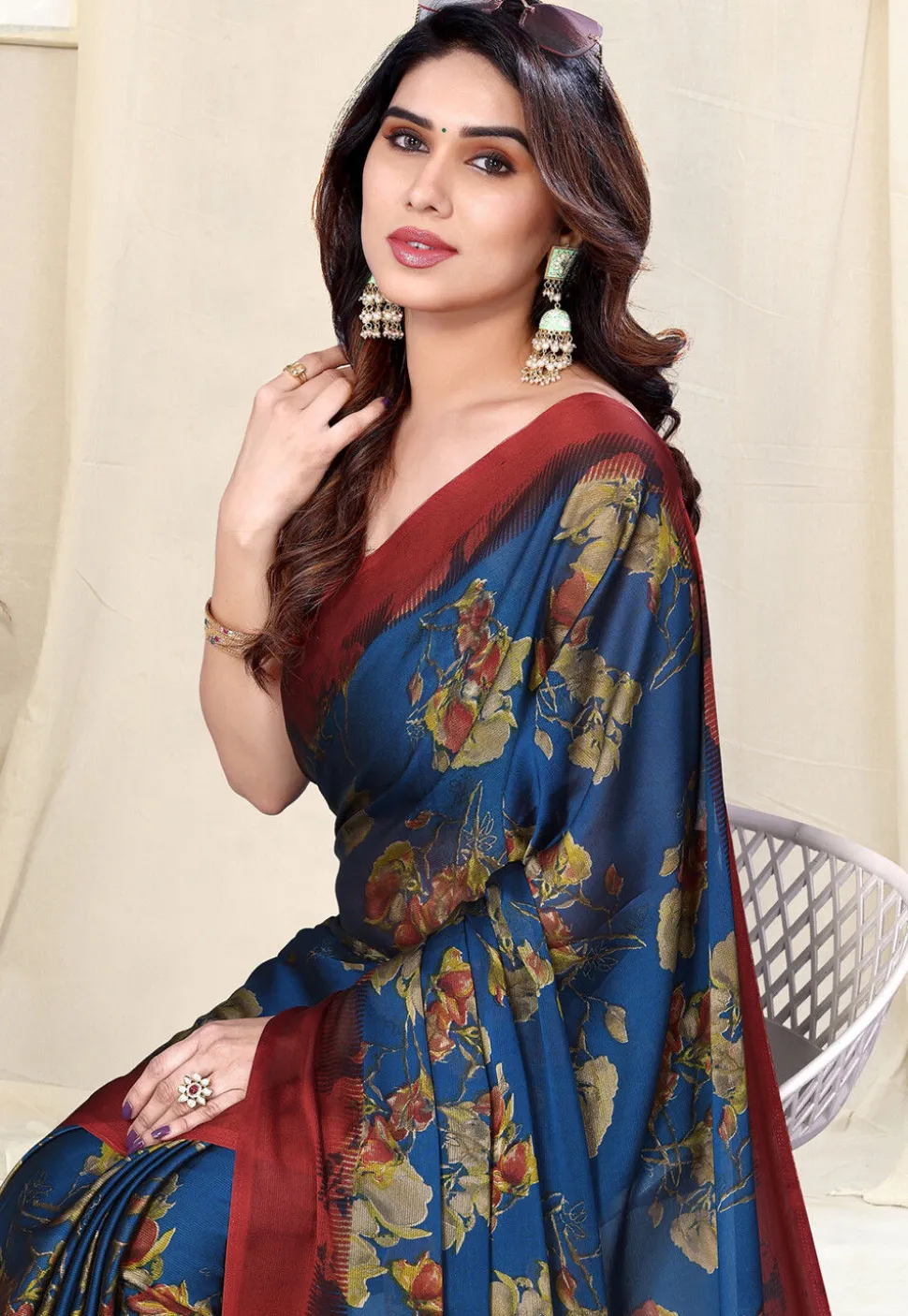 Digital Printed Chiffon Saree in Navy Blue