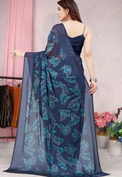 Digital Printed Chiffon Saree in Navy Blue