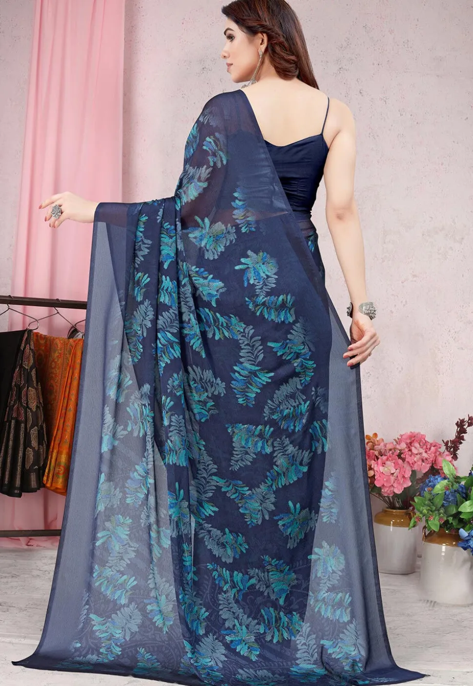 Digital Printed Chiffon Saree in Navy Blue