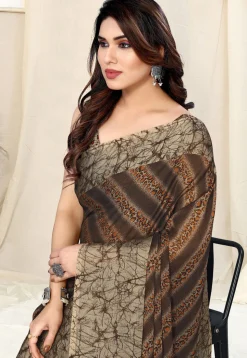 Digital Printed Chiffon Saree in Brown