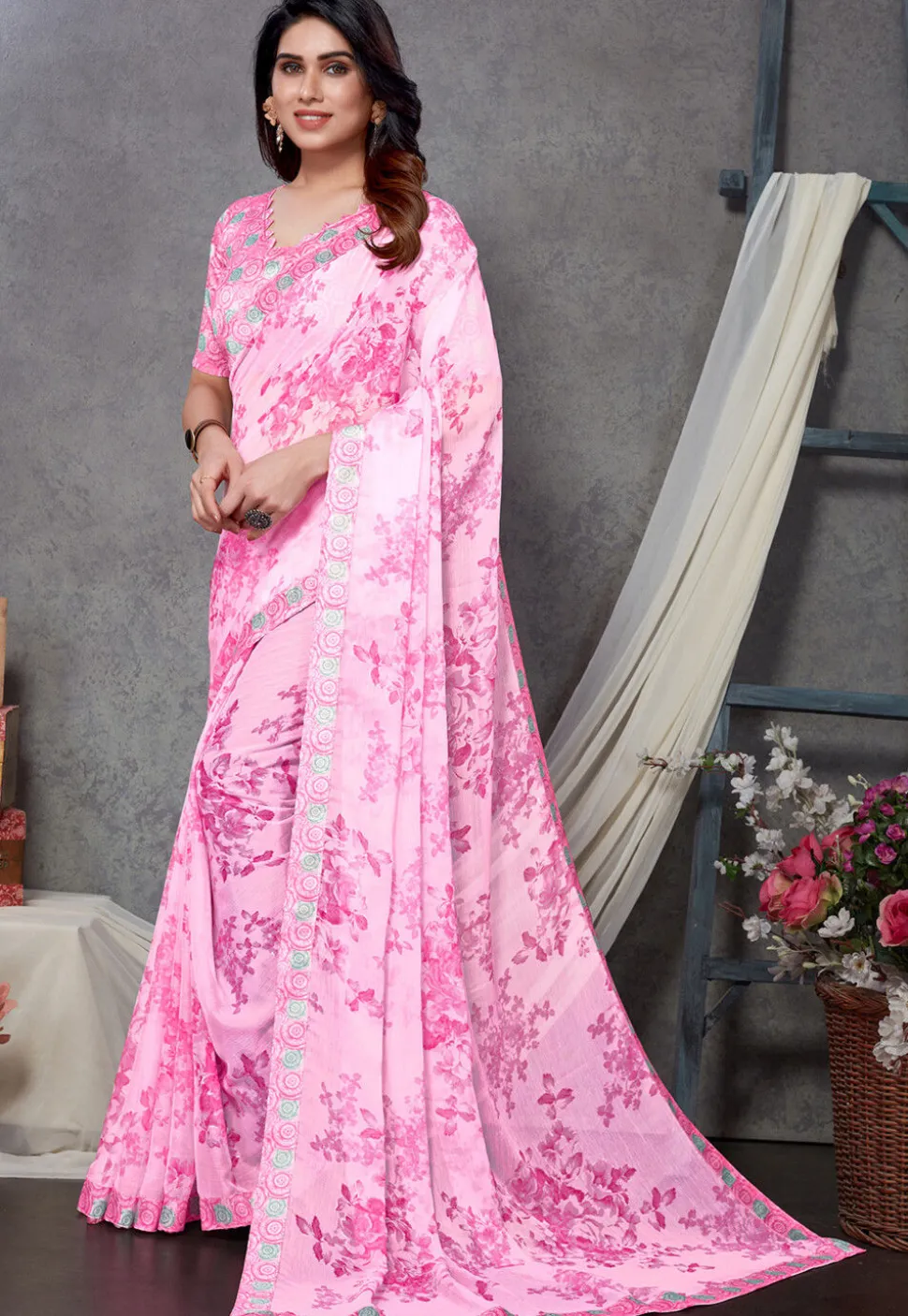 Digital Printed Chiffon Saree in Pink