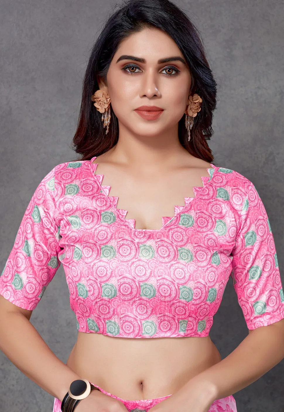 Digital Printed Chiffon Saree in Pink